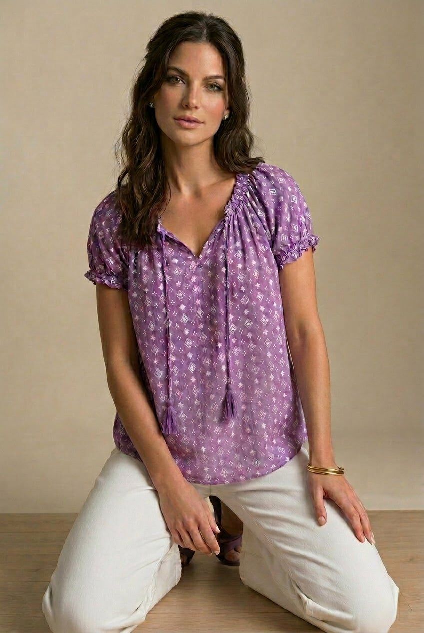 A-Line Scoop Neck Ruffle Trim 100% Cotton Cambric Peasant Blouse ...