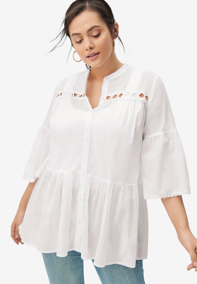 Cutwork Peplum Tunic, WHITE, hi-res image number 0