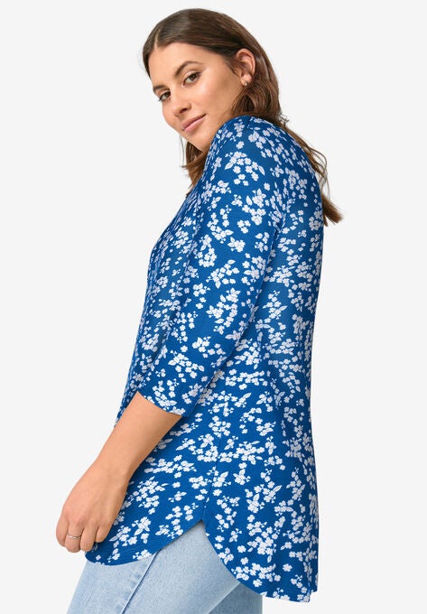 Three-Quarter Sleeve Curved Hem Tunic, BRIGHT COBALT DITSY, hi-res image number null