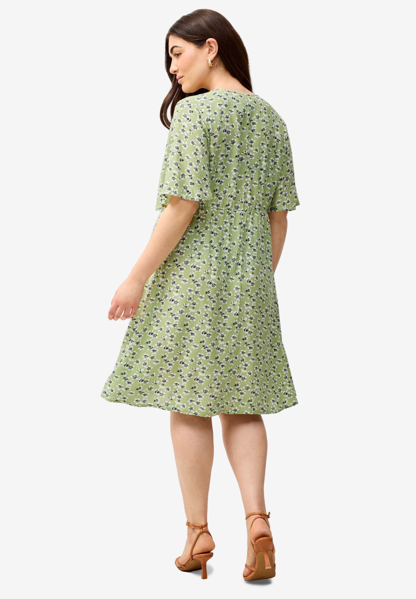 V-Neck Empire Dress with Button Trim, SAGE MIST FLORAL, on-hover image number 1