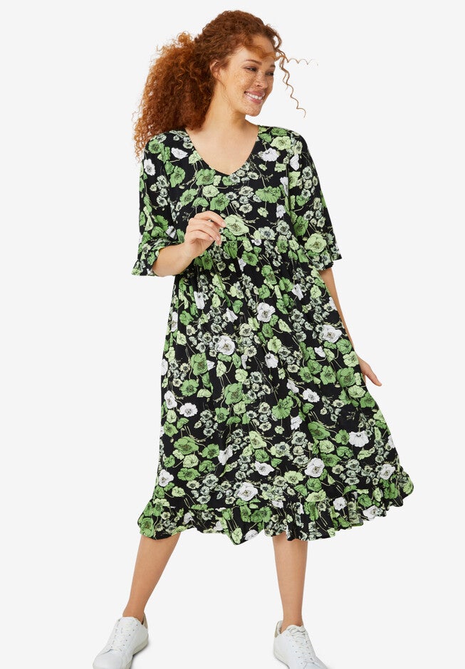 Empire V-Neck Ruffled Dress, BLACK GREEN FLORAL, hi-res image number 0