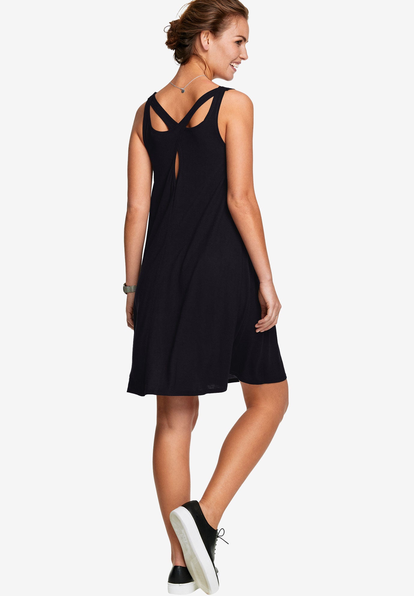 Stretch Jersey Knit A-Line Crossover Back Tank Short Dress, , alternate image number 3