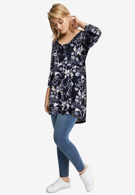 High/Low Henley Tunic, NAVY FLORAL PRINT, hi-res image number null