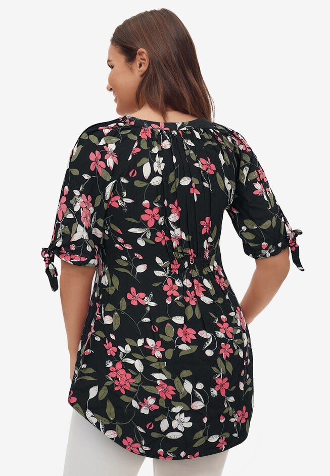 Tie-Sleeve Scoop Neck Tunic, BLACK FLORAL PRINT, on-hover image number null