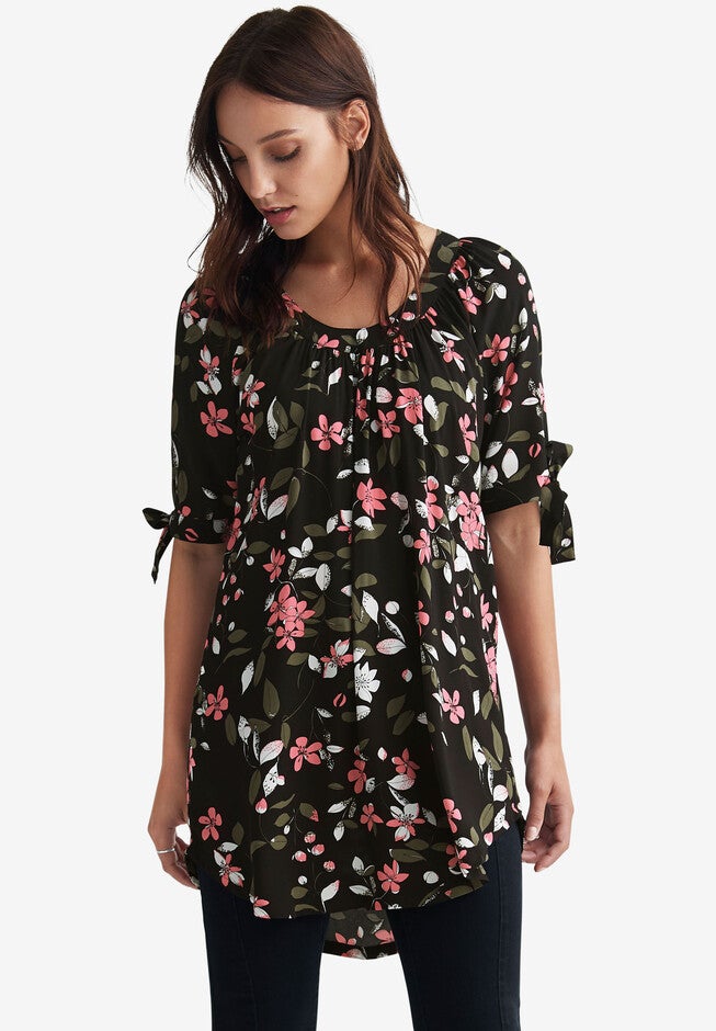 Tie-Sleeve Scoop Neck Tunic, BLACK FLORAL PRINT, hi-res image number null