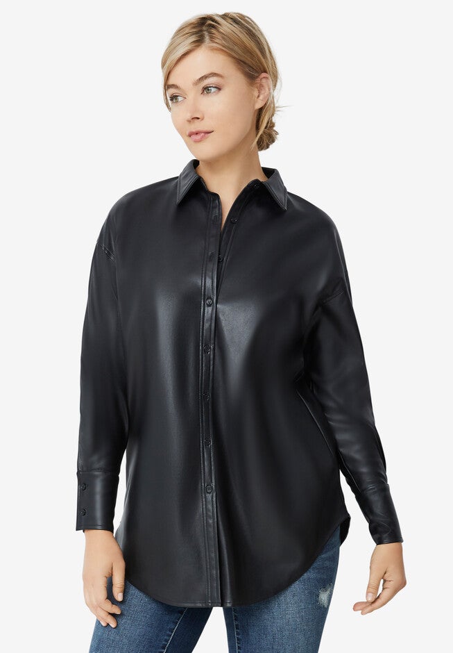 Faux Leather Button Front Tunic, BLACK, hi-res image number null