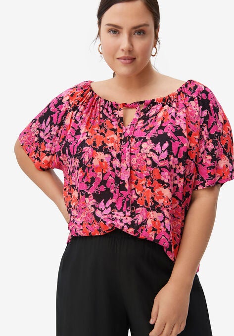 Keyhole Peasant Blouse, BLACK PINK PRINT, hi-res image number null
