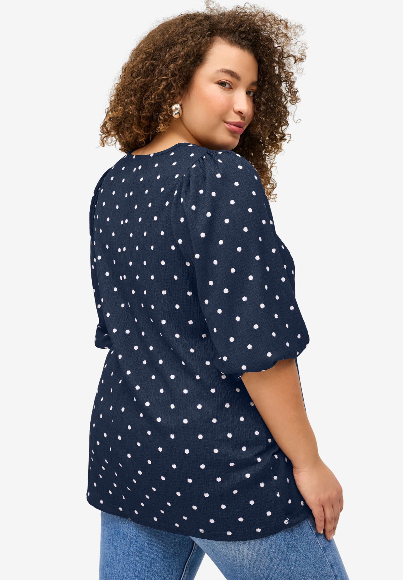 Textured Knit Blouson Sleeve Tee, NAVY WHITE DOT, on-hover image number 1