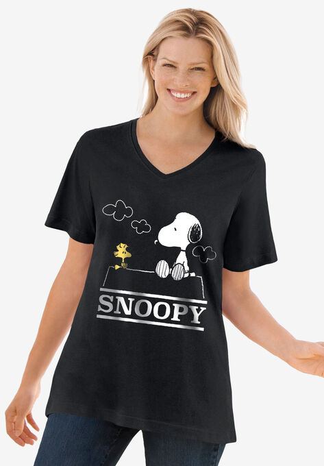Peanuts Women's Short Sleeve V-Neck Tee Snoopy And Woodstock on House, BLACK SNOOPY, hi-res image number null
