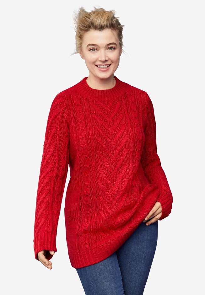 Pullover Cable Sweater Tunic, RICH RED, hi-res image number 0