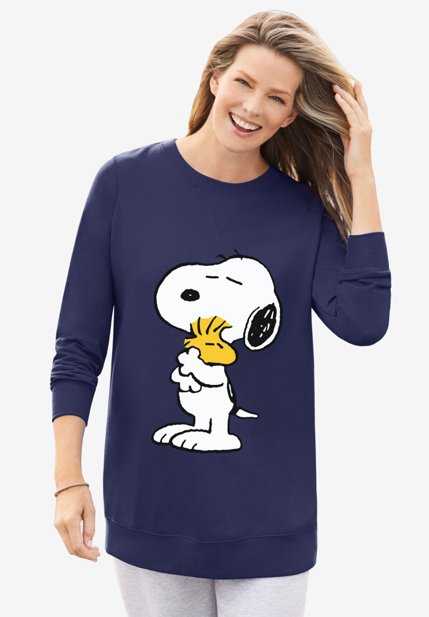 Peanuts Women&rsquo;s Long Sleeve Fleece Sweatshirt Navy Snoopy and Woodstock Hugging, NAVY SNOOPY, hi-res image number 0