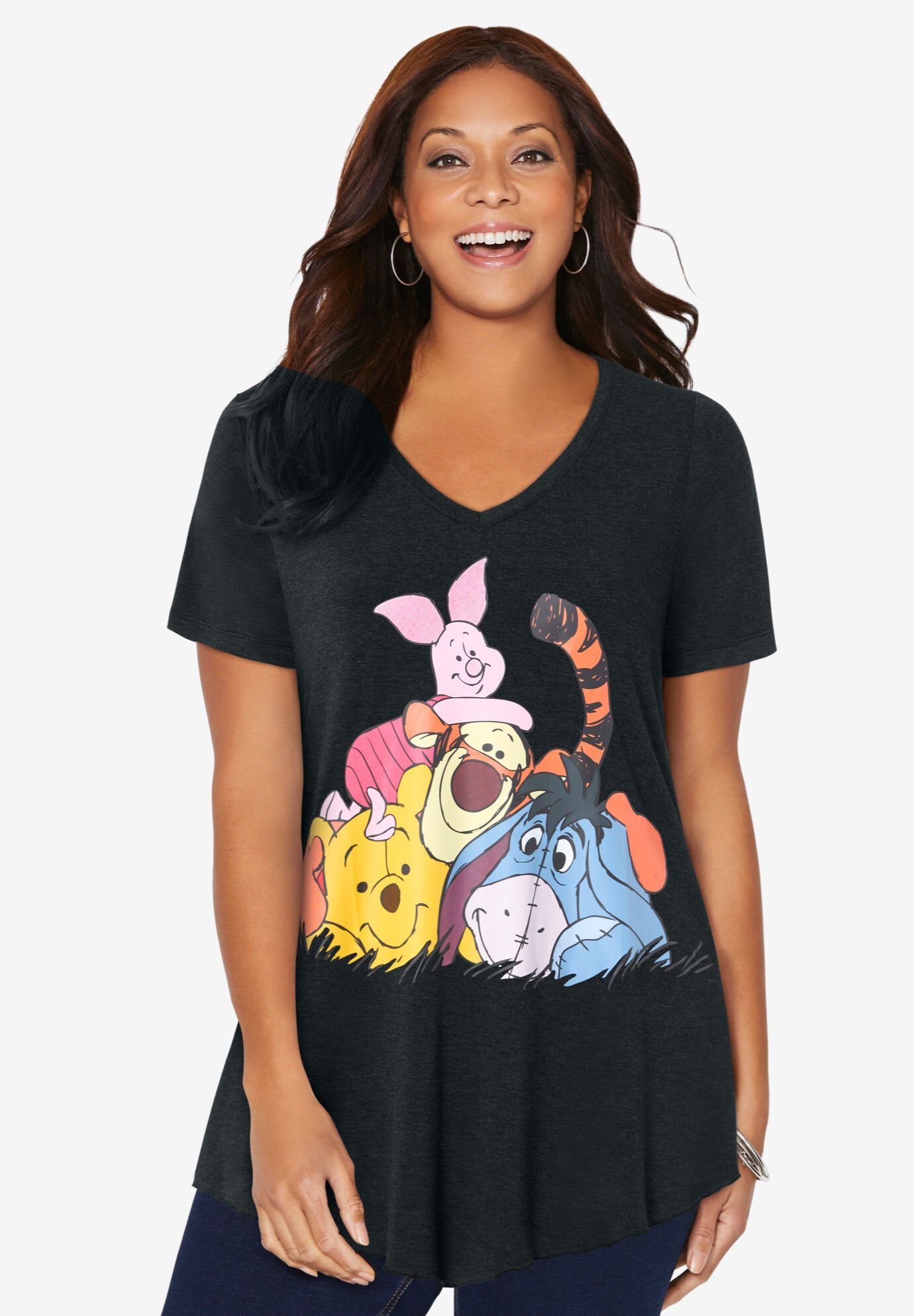 Disney Charcoal Heather Pooh Friends V-Neck Point Hem Tee, CHARCOAL HEATHER POOH FRIENDS, hi-res image number 0