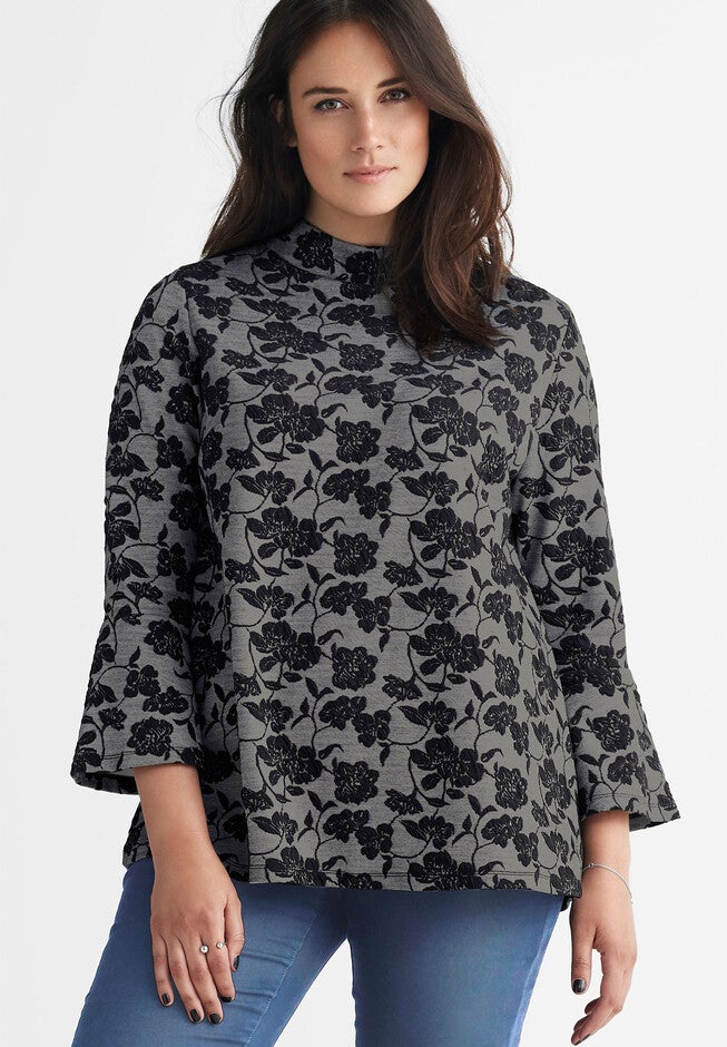 Mock Neck Jacquard Top, MEDIUM HEATHER GREY BLACK FLORAL, hi-res image number 0
