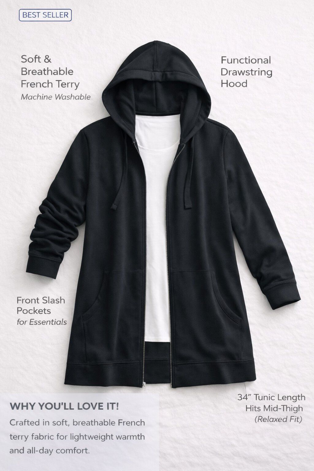 Ellos Studio French Terry Long Sleeve Zip-Front Tunic Hoodie
