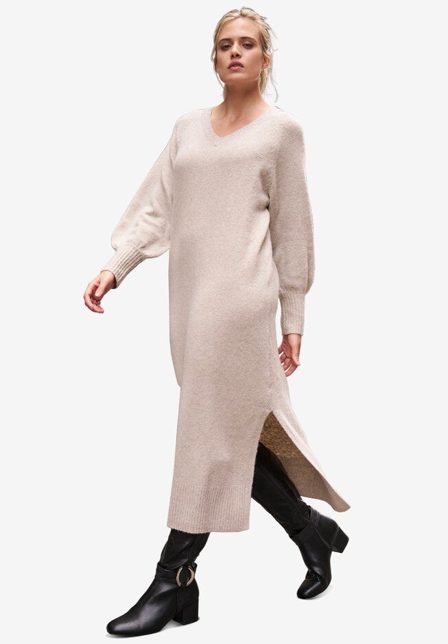 V-Neck Midi Sweater Dress With Side Slits, HEATHER SAND, hi-res image number null
