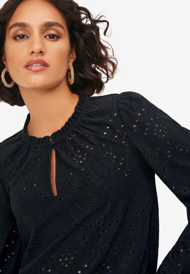 Long Sleeve Knit Eyelet Top With Keyhole Neckline, , alternate image number null