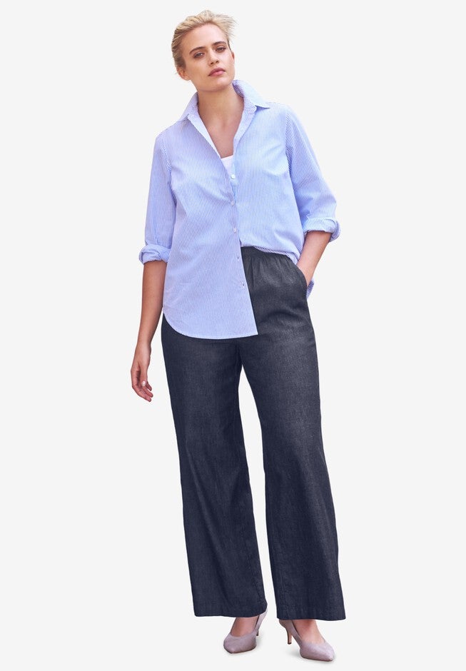 Elastic Waist Pull On Wide Leg Jeans, DARK WASH, hi-res image number 0