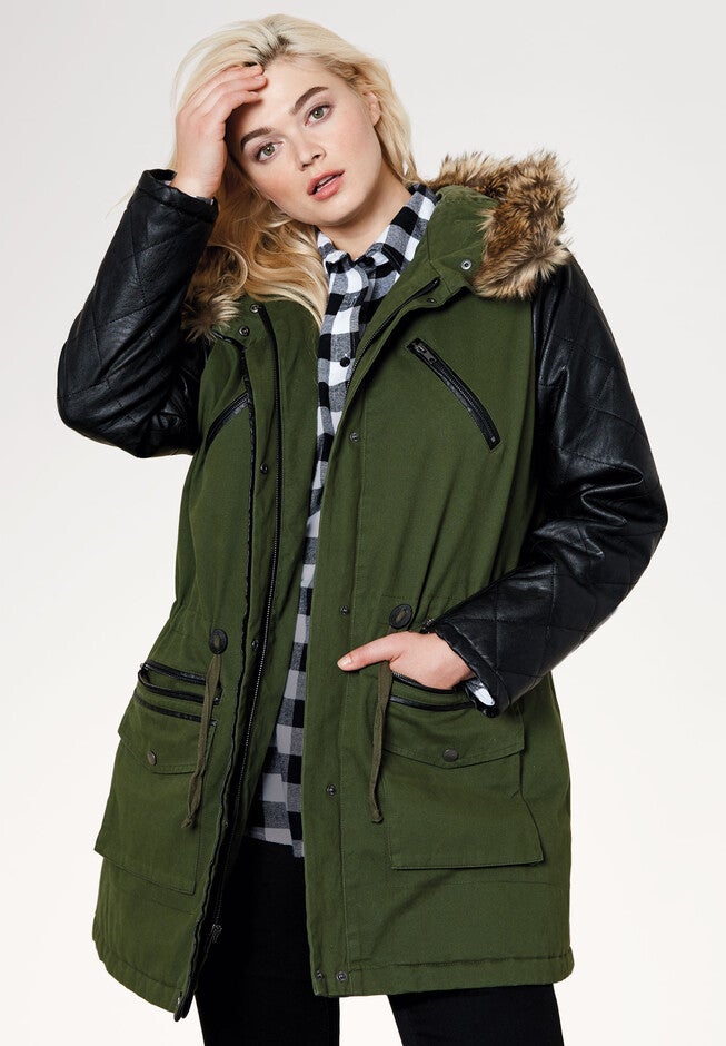 Quilted Faux Leather Sleeve Parka, FOREST GREEN, hi-res image number null