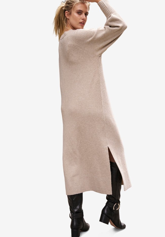 V-Neck Midi Sweater Dress With Side Slits, , on-hover image number null