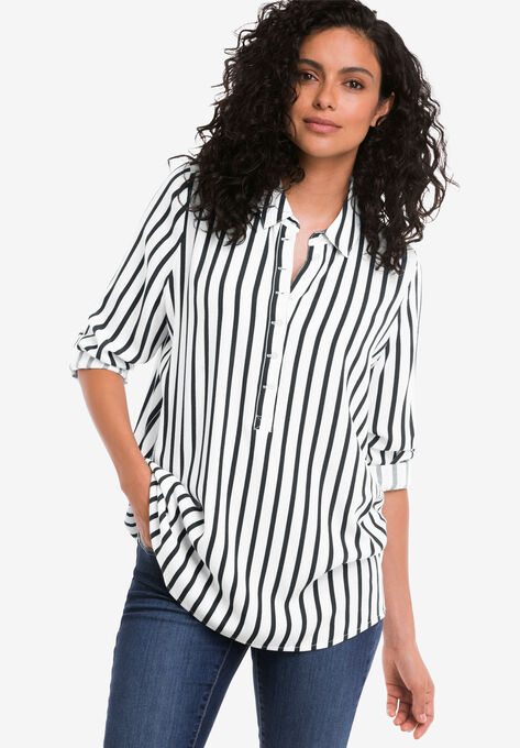 Button Placket Popover Tunic, BLACK STRIPE, hi-res image number null
