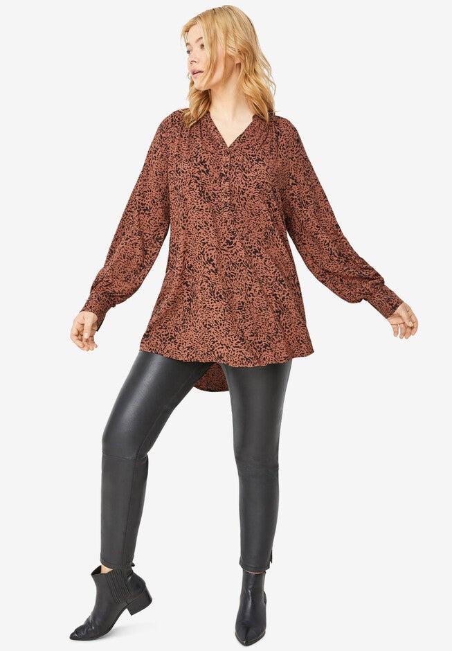 3-Button Y-Neck Tunic, WARM BROWN BLACK PRINT, hi-res image number 0