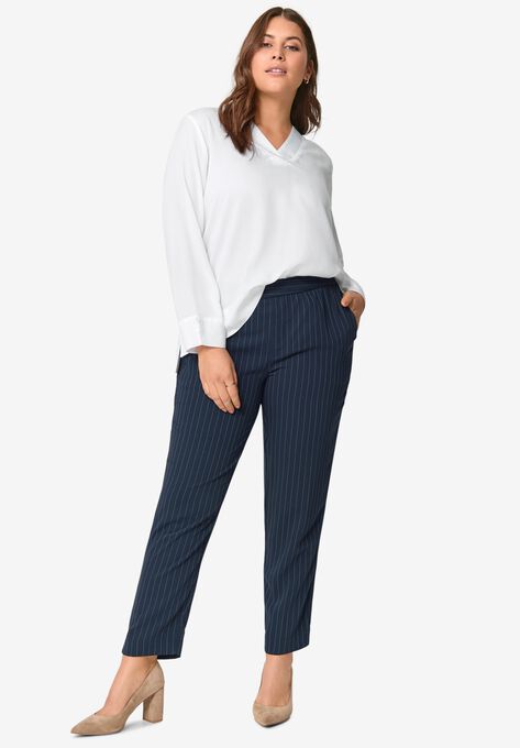 Soft Back-Elastic Trousers, NAVY PINSTRIPE, hi-res image number null