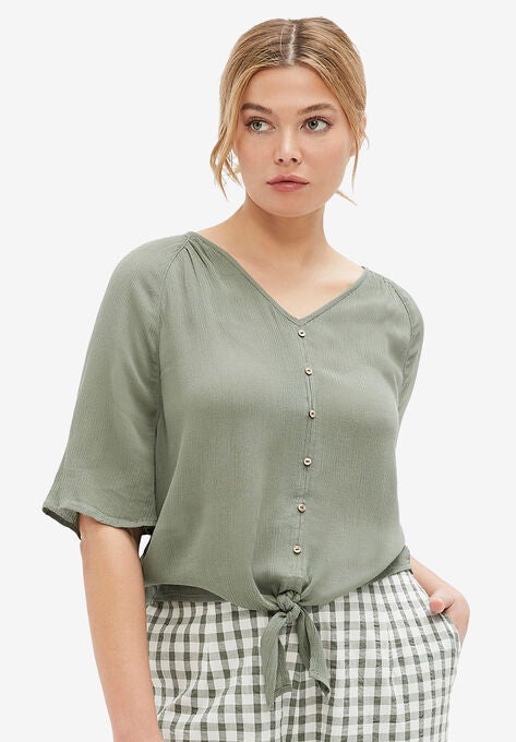 V-Neck Tie-Front Blouse, DESERT GREEN, hi-res image number null