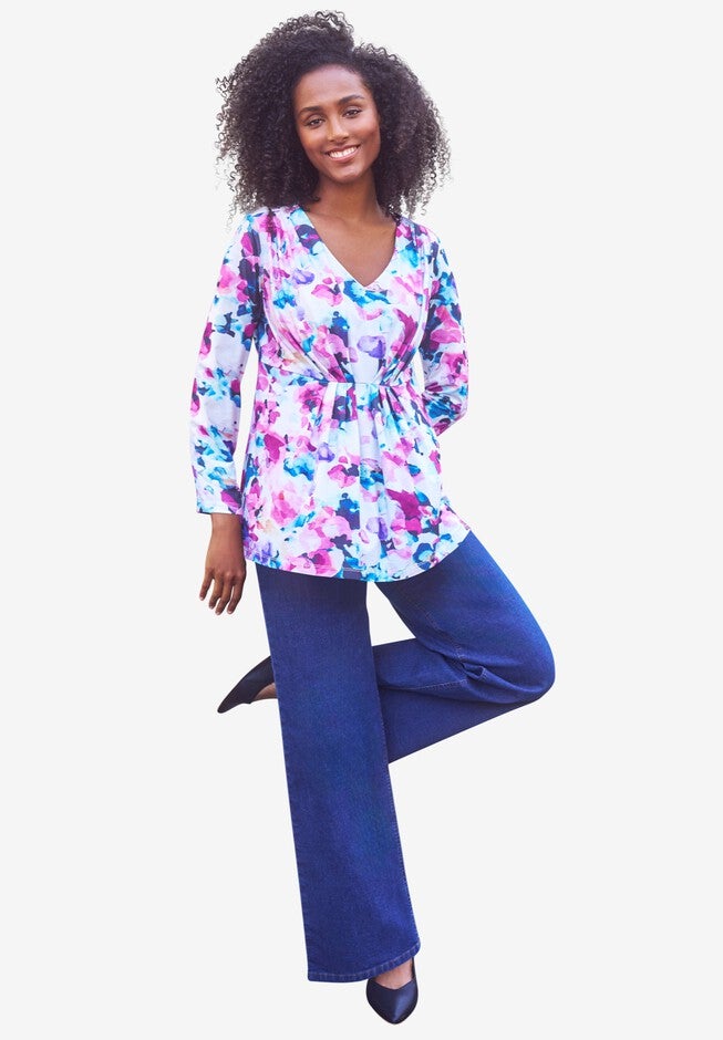 V-Neck Pleated Bodice Knit Tunic, , alternate image number 2