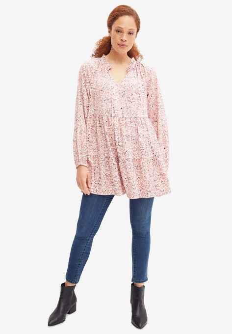 Ruffle-Neck Tiered Tunic, IVORY ROSE FLORAL, hi-res image number null