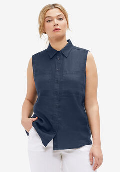 Sleeveless Button-Front Linen Blend Shirt