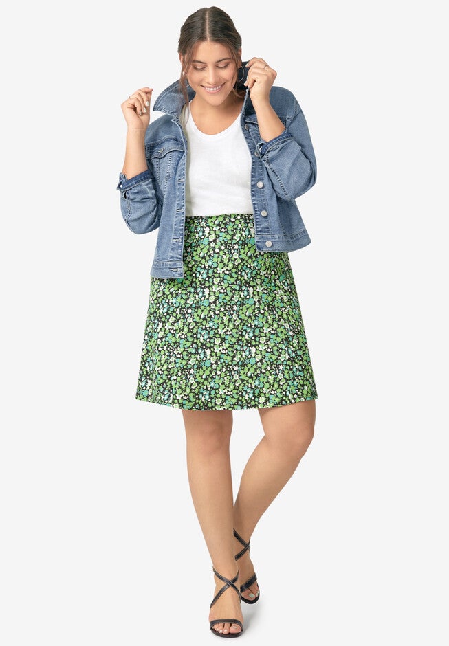Print A-Line Skirt, BLACK GREEN DITSY FLORAL, hi-res image number null