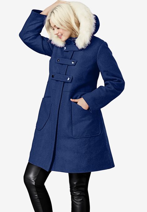 Faux Fur Trim Wool-Blend Coat, VINTAGE NAVY, hi-res image number null