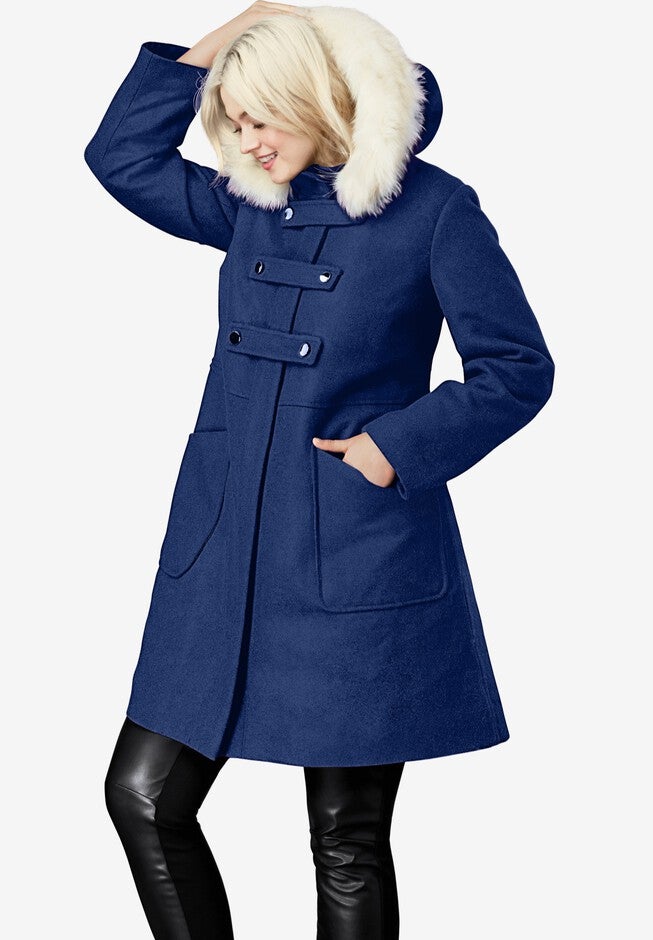 Faux Fur Trim Wool-Blend Coat, VINTAGE NAVY, hi-res image number 0