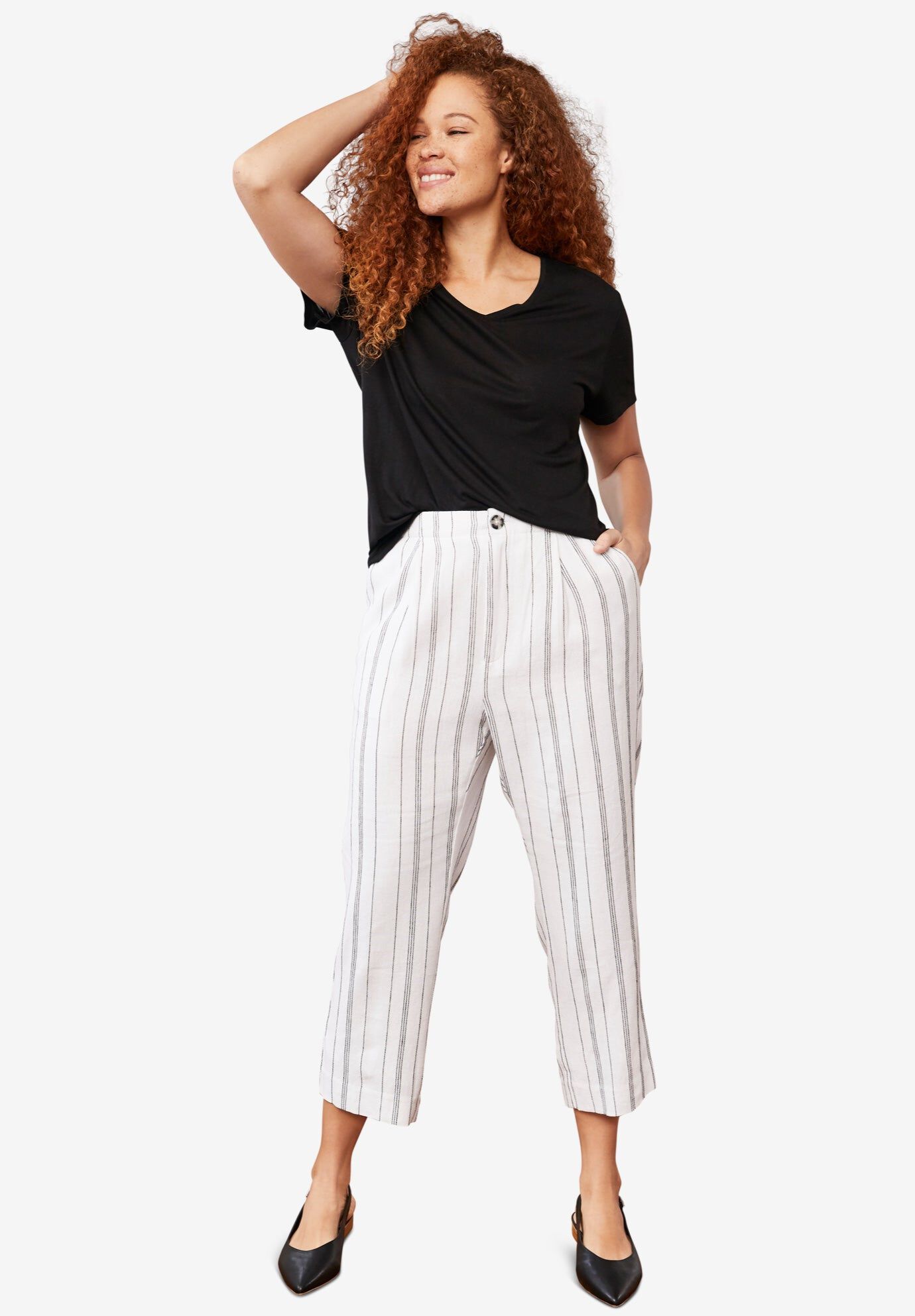 Straight Leg Cropped Linen-Blend Trousers, WHITE BLACK STRIPE, hi-res image number 0