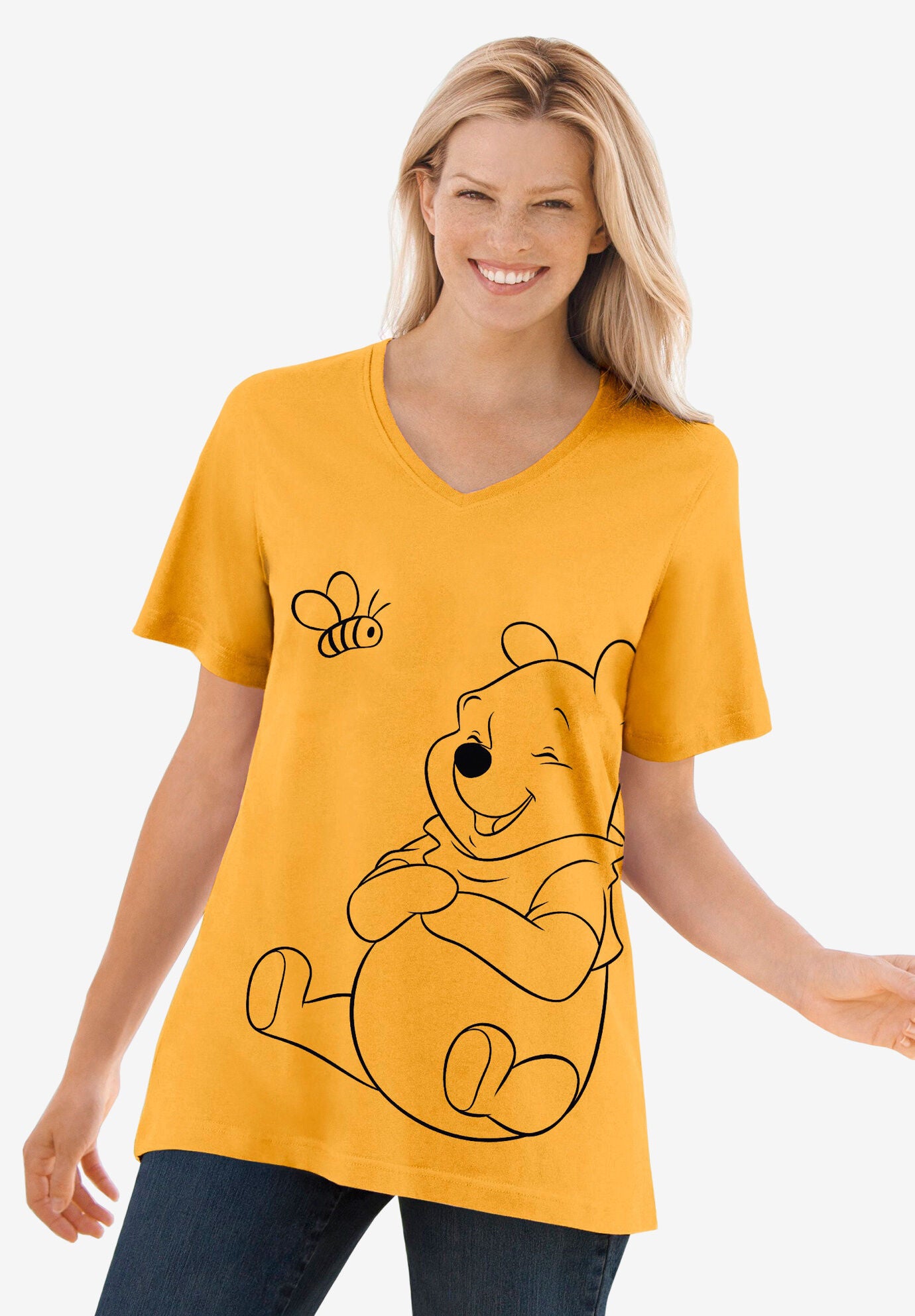 Disney Women's Short Sleeve V-Neck Tee Gold Winnie the Pooh Honey Pot, BRIGHT GOLD WINNIE BEE, hi-res image number 0