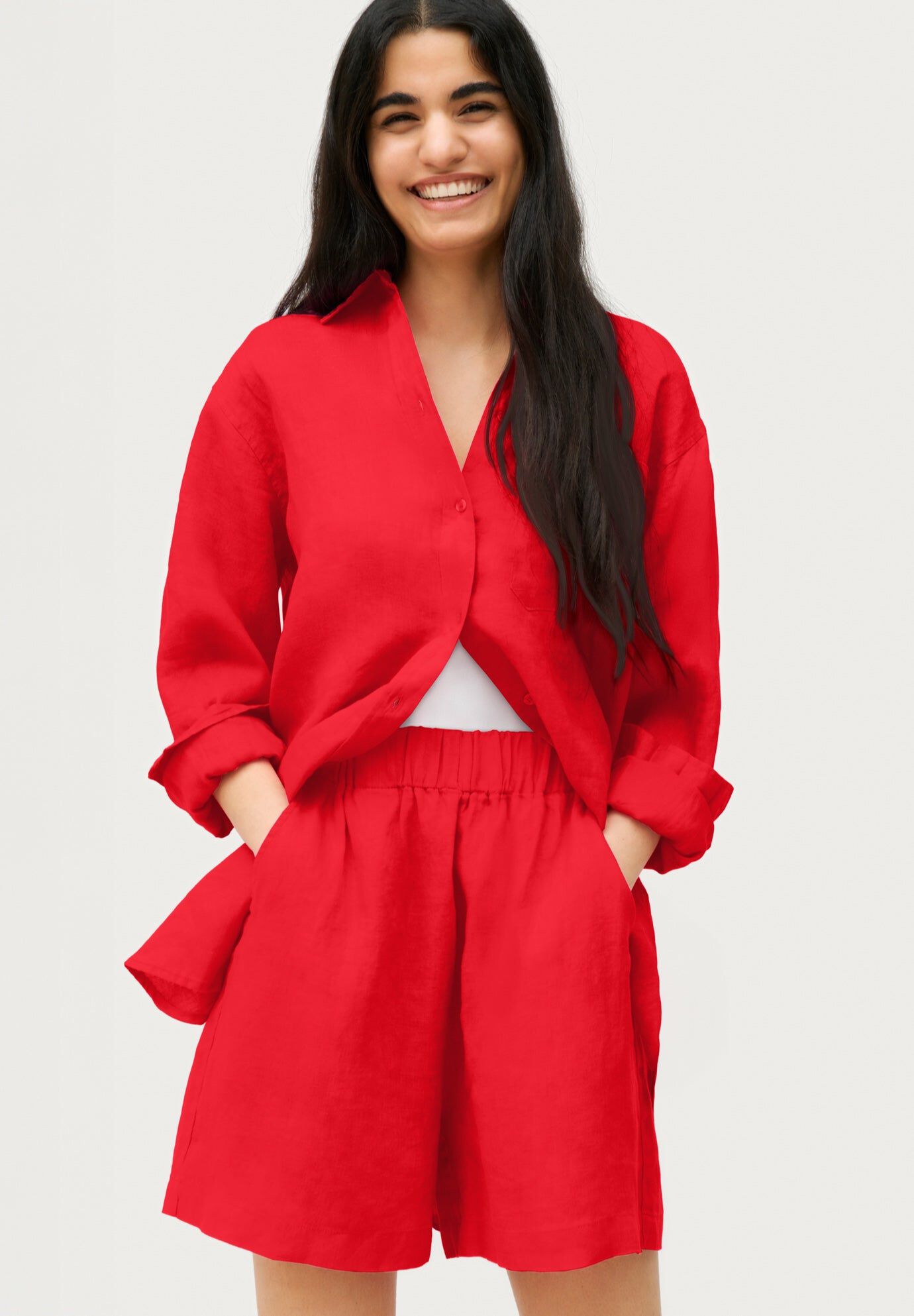 Linen-Blend Elastic Waist Shorts