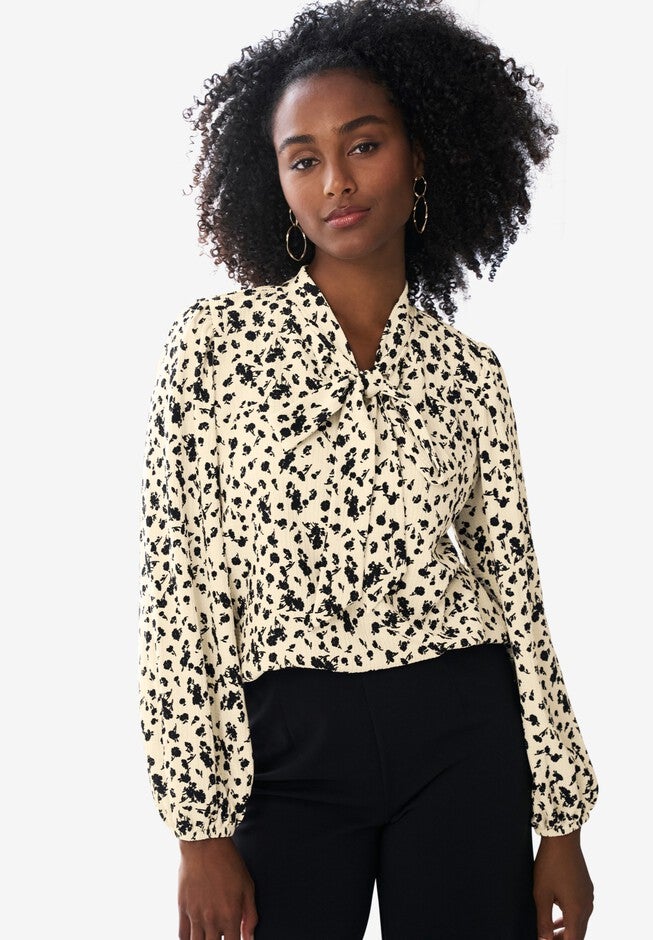Textured Knit Long Sleeve Tie-Neck Top, IVORY BLACK DITSY, hi-res image number null