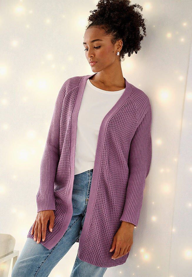 Open Front Long Ribbed Sleeve Waffle Cardigan