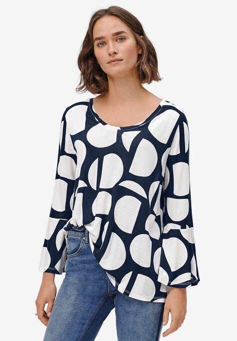 Bell Sleeve A-Line Knit Tunic, NAVY GRAPHIC PRINT, hi-res image number null