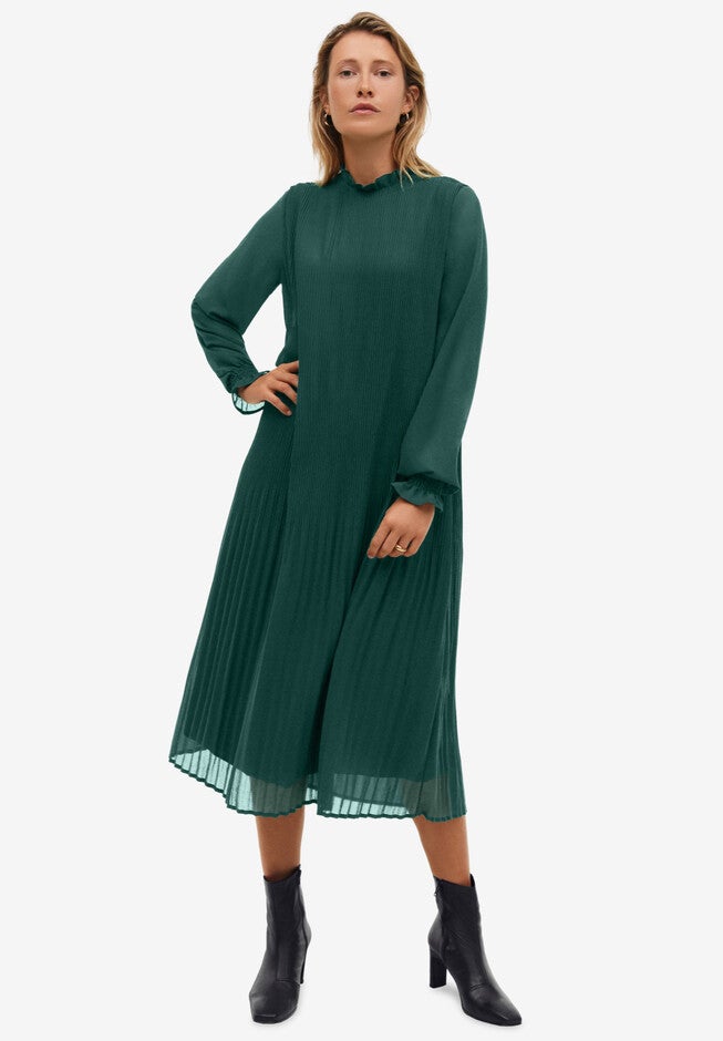 Pleated Midi Dress, DEEP EMERALD, hi-res image number 0