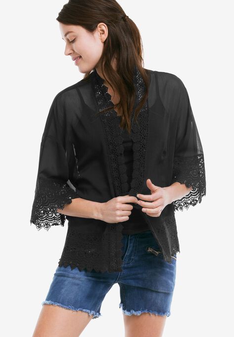 Sheer Lace Trim Kimono Cardigan, BLACK, hi-res image number null