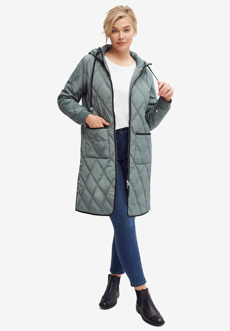 Long Quilted Hooded Jacket, DUSTY PINE, hi-res image number null