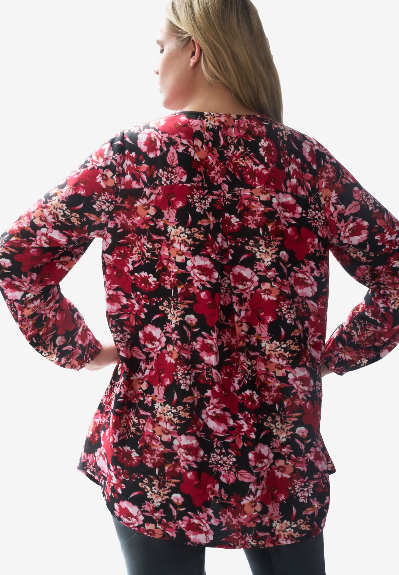 Long Sleeve Inverted Pleat Tunic, BLACK RED FLORAL, on-hover image number 1