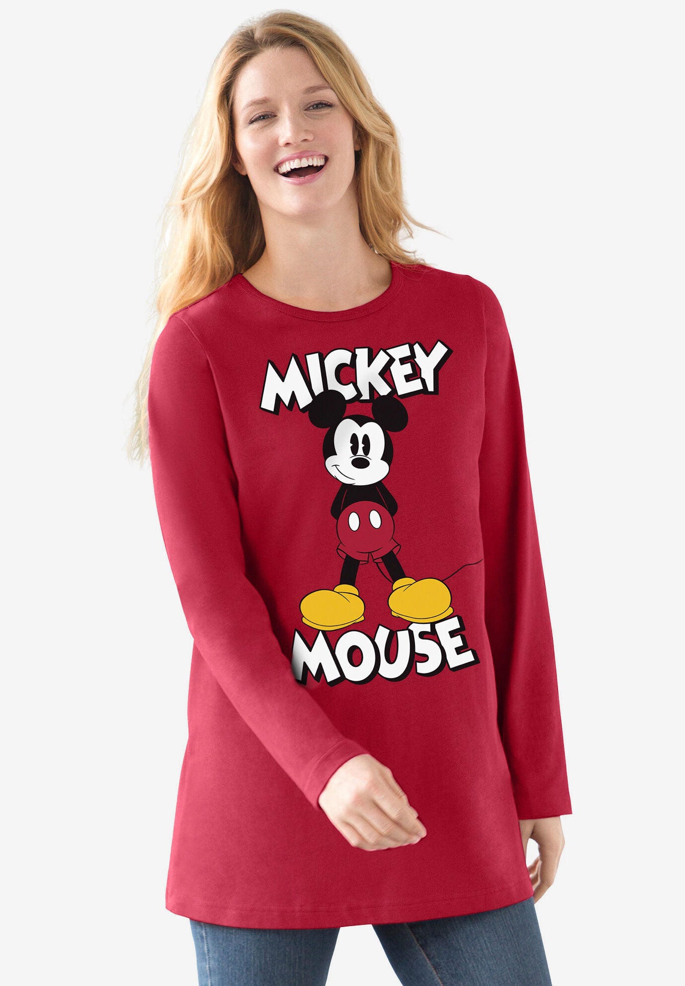 Disney Women&#39;s Long Sleeve Crew Tee Mickey Mouse Standing, CLASSIC RED MICKEY, hi-res image number 0