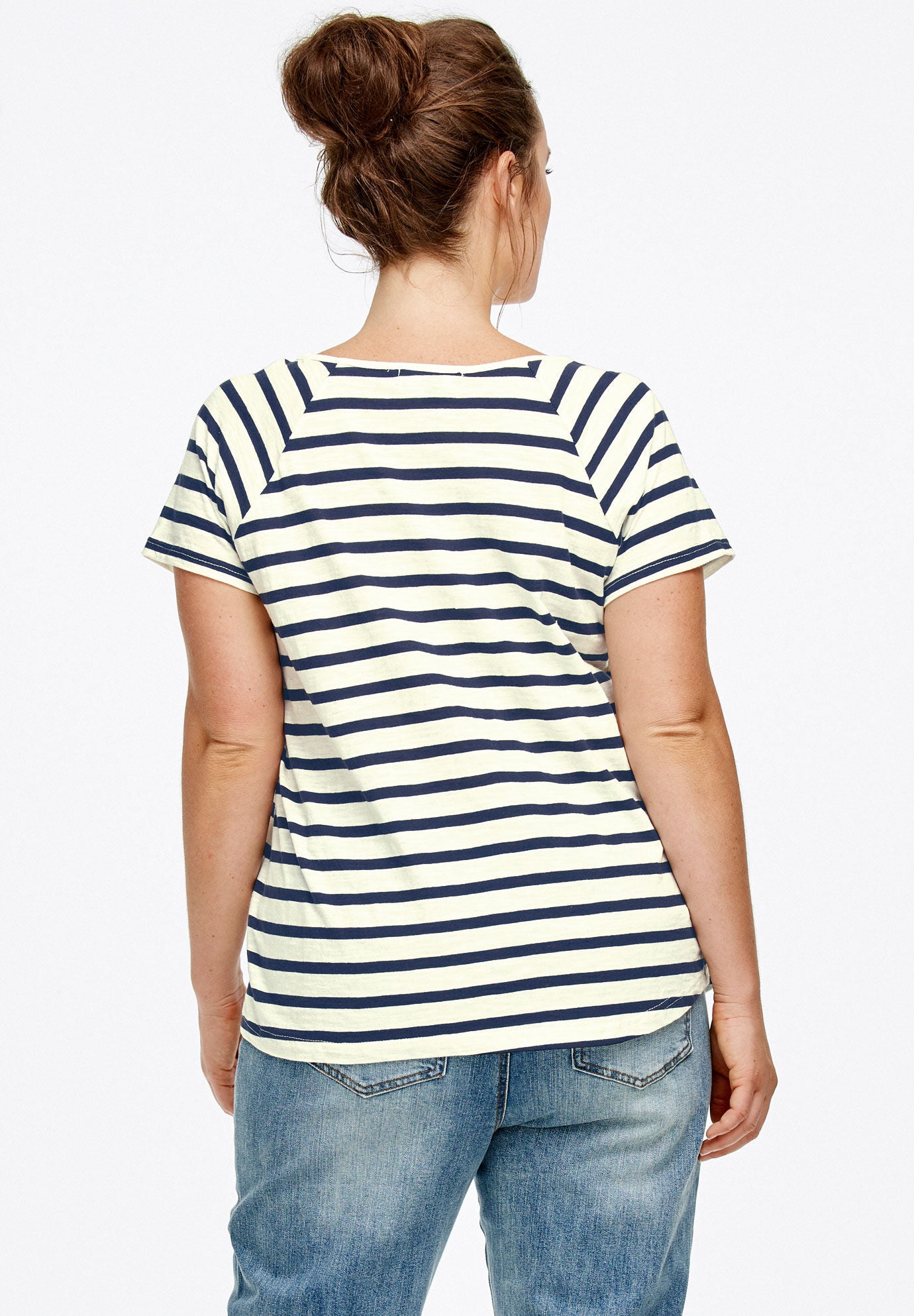 Cotton Jersey Slub V-Neck Short Sleeve Relaxed Tee, IVORY NAVY STRIPE, on-hover image number 1