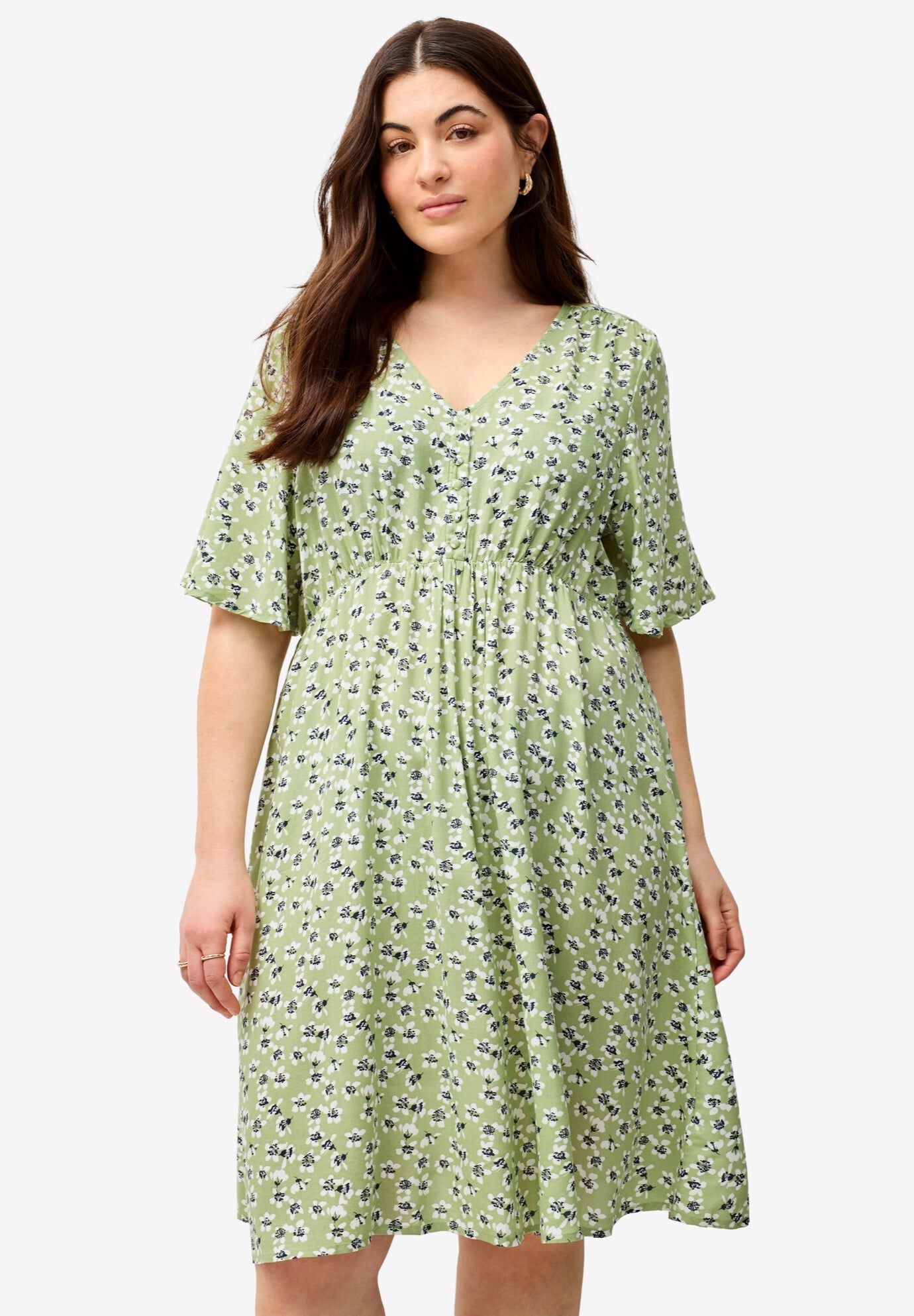 V-Neck Empire Dress with Button Trim, SAGE MIST FLORAL, hi-res image number 0