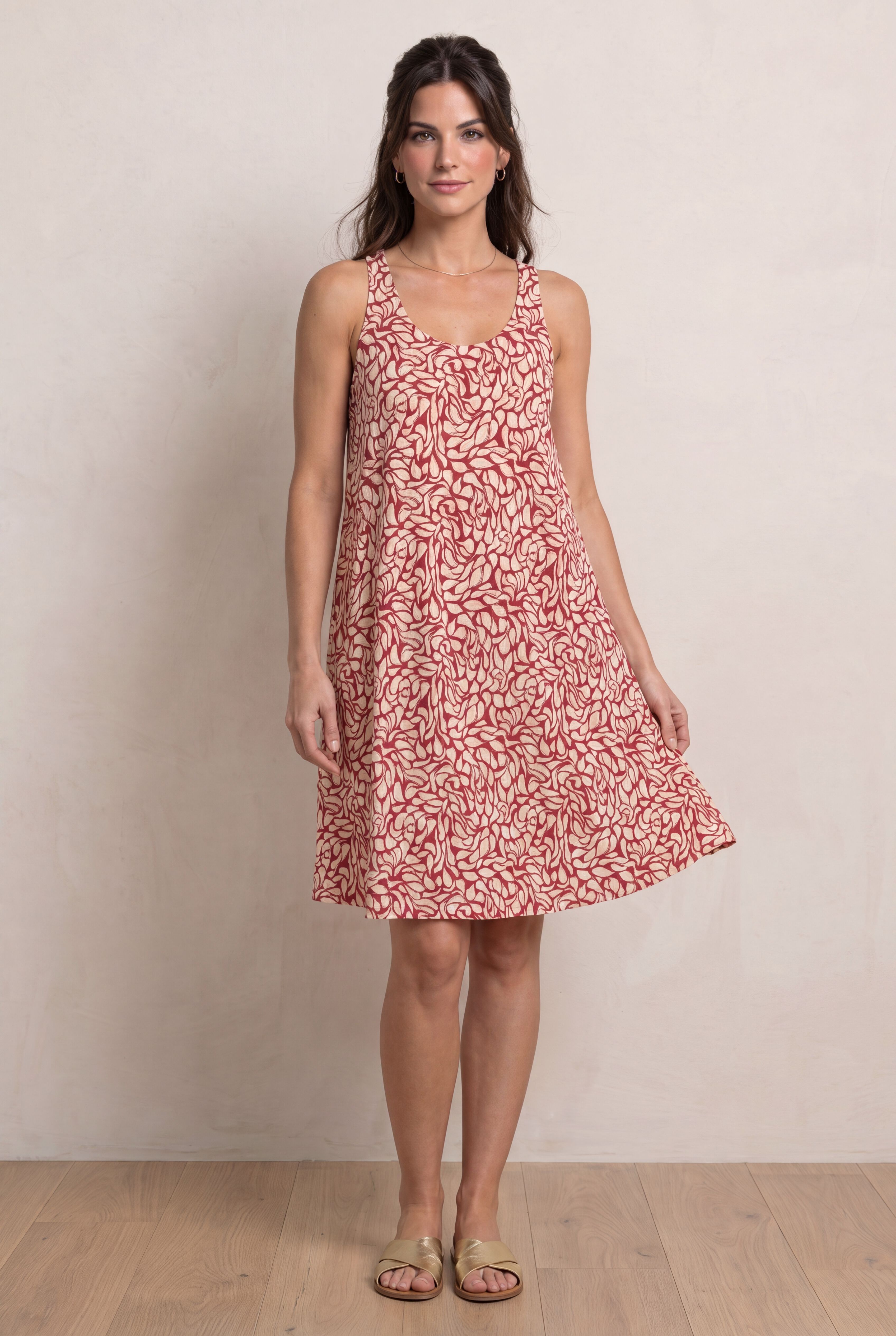 Stretch Jersey Knit A-Line Crossover Back Tank Short Dress, RUBY RED PRINT, on-hover image number 1
