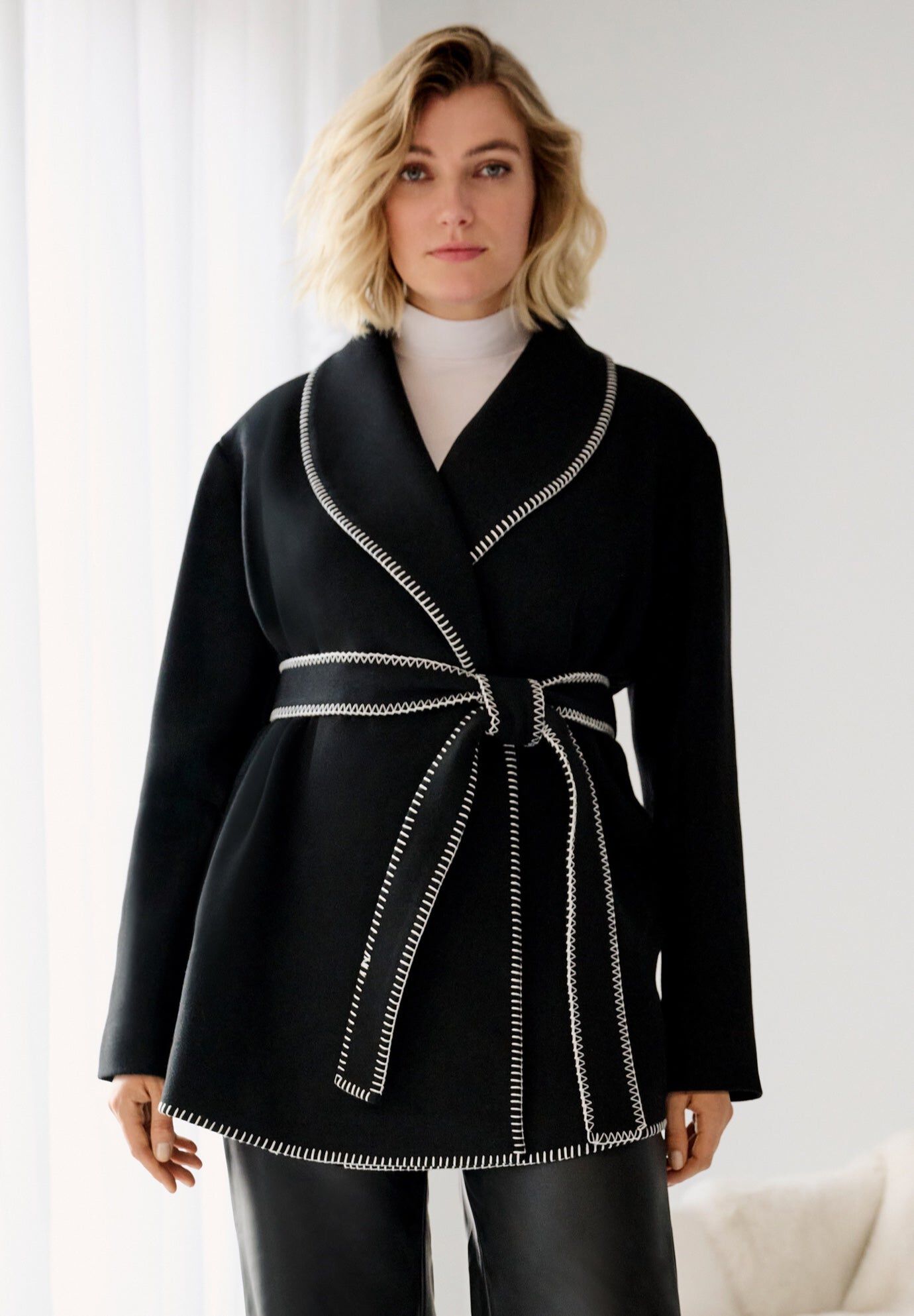 Wrap Jacket With Whipstitch Trim, BLACK, hi-res image number 0