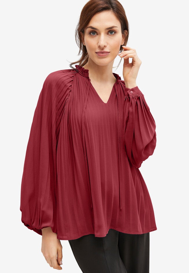 Pleated Full Sleeve Blouse, BURGUNDY, hi-res image number null