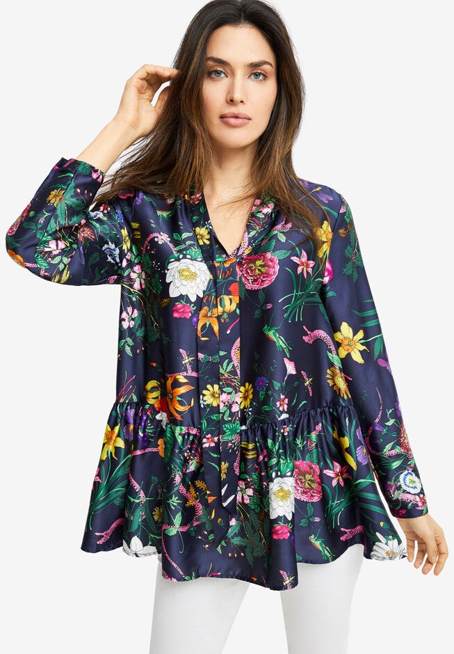 Tie-Neck Peplum Tunic, NAVY MULTI FLORAL, hi-res image number 0